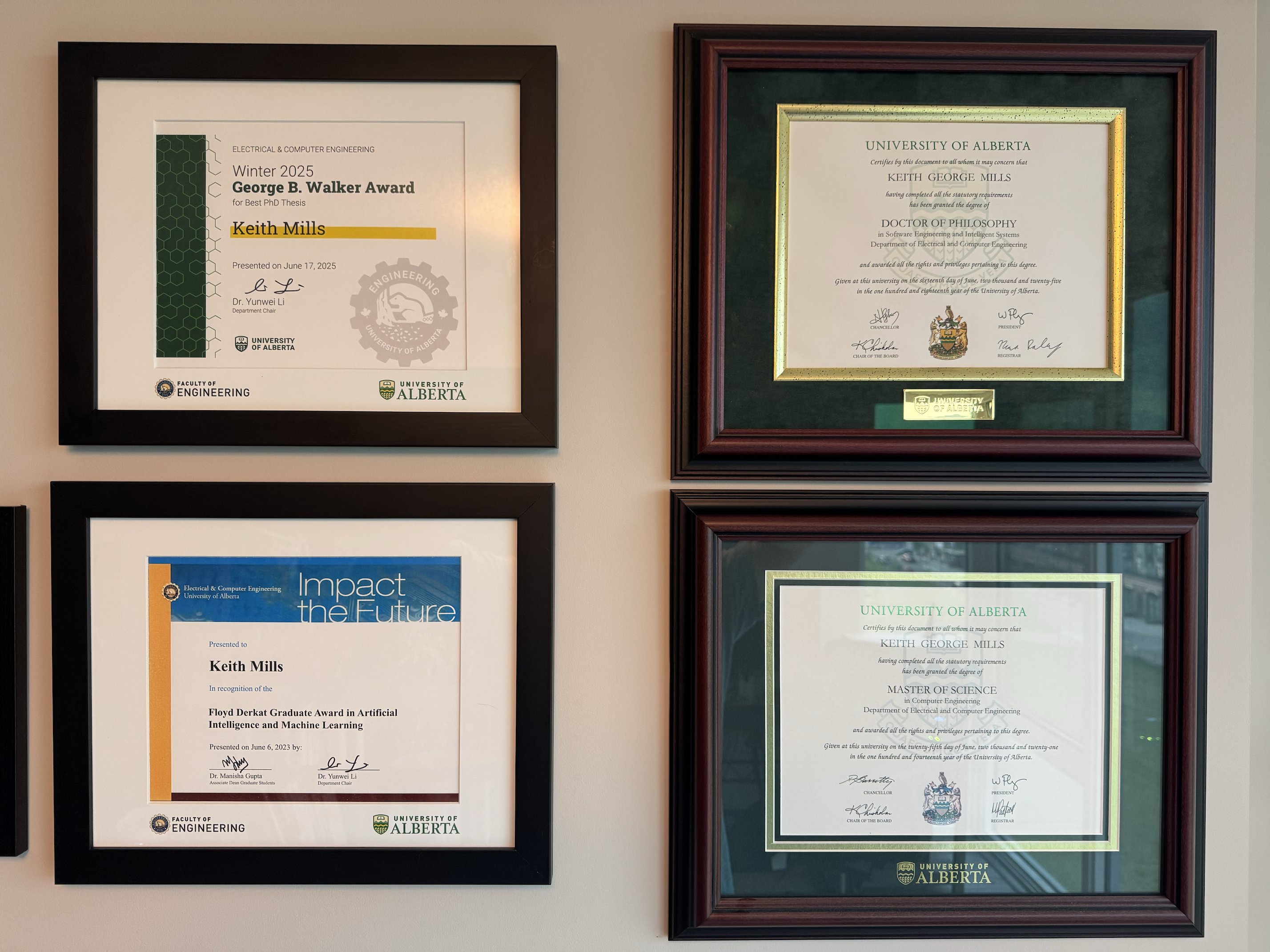 Top left: Best Ph.D. Thesis Award. Top right: Ph.D. parchment. Bottom left: Floyd Derkat Award in AI/ML for 2023. Bottom right: MS.c. parchment. /💪🏻